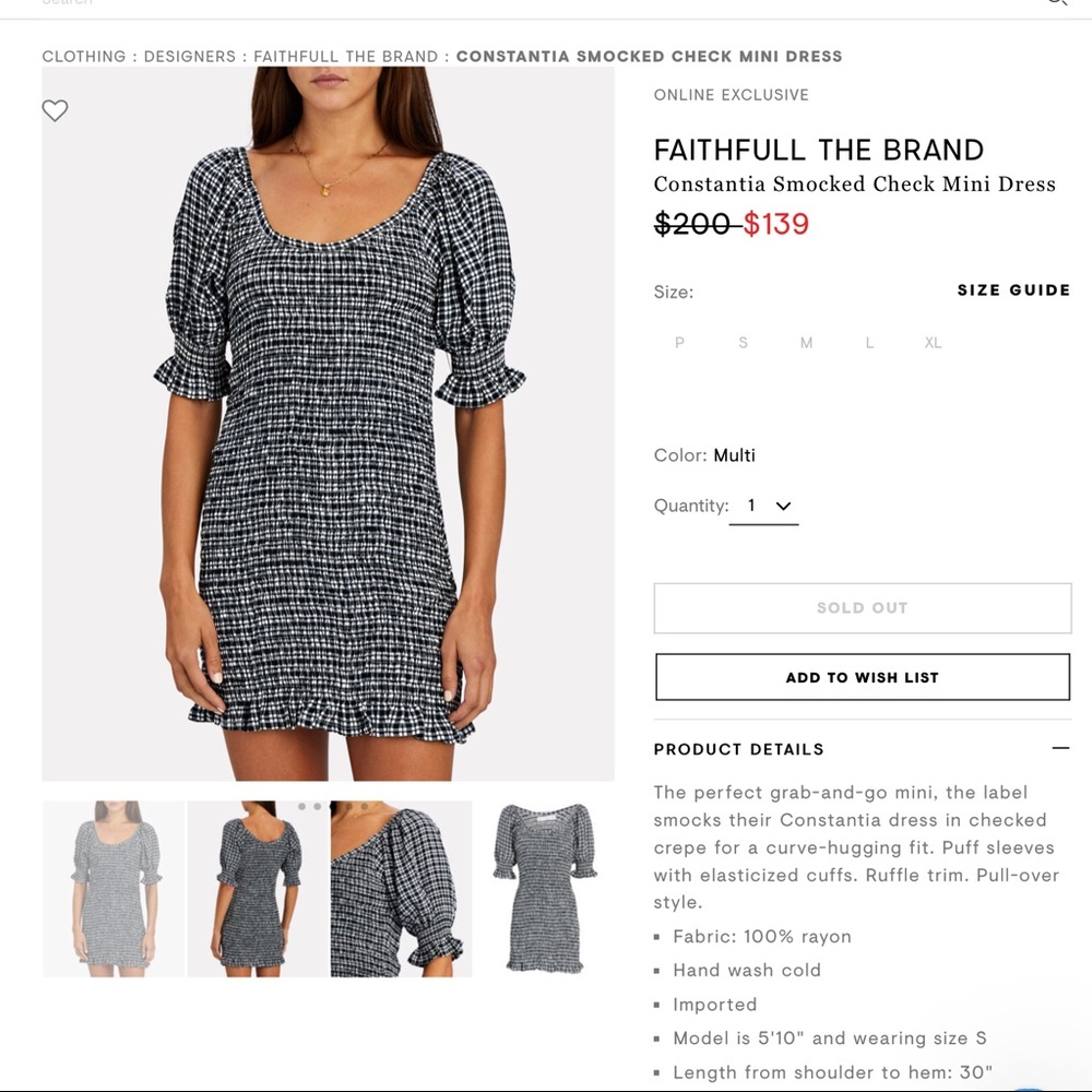 NWOT PETITE Faithfull The Brand Check Mini Dress - Picture 3 of 6